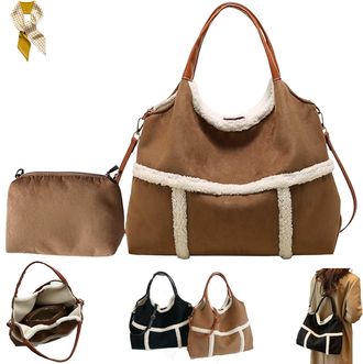 Generic Women Suede Tote with Faux Lamb Wool Lined,Vintage Large Capacity Plush Shoulder Bag,Faux Fur Top Handle Handbag Travel Purse (Brown)