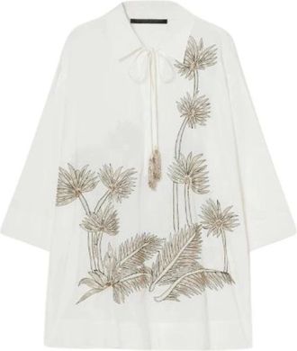 Marina Rinaldi Overhemden, Dames, Wit, 2Xl, Katoen, Tuniek met Palmboom Borduursel