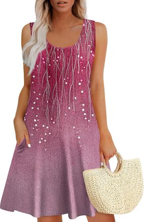 Generic Beach Cover Ups for Women UK, Summer Dresses for Women UK Beach Casual Sundress Ladies Sleeveless Tank Sun Dress Mini Floral Cover Ups with Pockets Mu