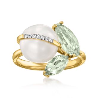 Ross-Simons 9.5-10mm Cultured Pearl and Prasiolite Ring With Diamonds in 14kt Yellow Gold