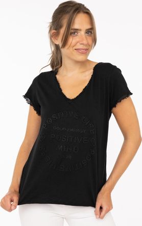 Zwillingsherz T-Shirt »Positive Mind« V-Ausschnitt, Kurzarm, Used-Look, Baumwolle, ausgefranste Kanten