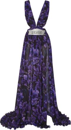 Philipp Plein Avondjurk Flowers - Dames - Avondkleed - Paars - L - Polyester - Kleedjes