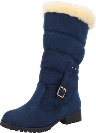 Generic Womens Winter Boots Fashion Belt Buckle Heel Warm Mid Calf Thick Insulated Round Toe Solid Color Snow Boots(Blue, 5)