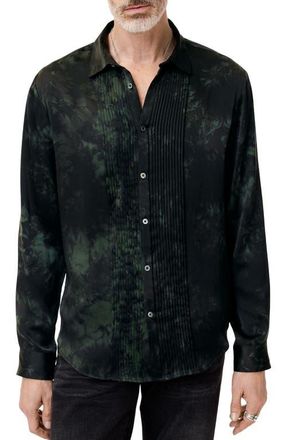 John Varvatos Pleated Front Silk Button-Up Shirt in Moss at Nordstrom, Size X-Large