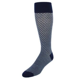 Trafalgar Store Benoit Herringbone Patterned Mid-Calf Merino Wool Socks in Navy Blue And Grey at Nordstrom