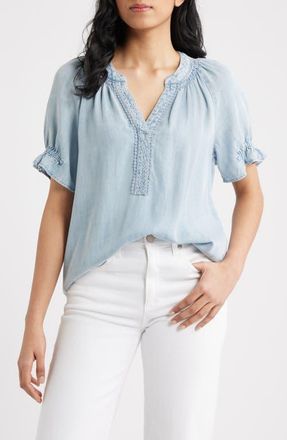 Wit & Wisdom Smocked Embroidered Chambray Top in Powder Blue at Nordstrom, Size X-Large