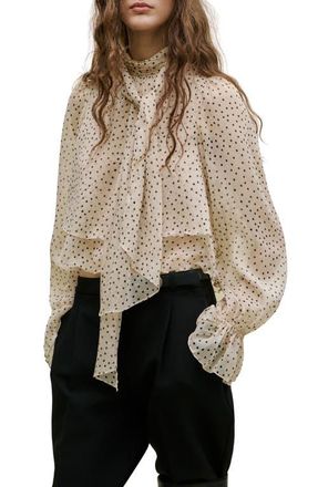 Mango Polka Dot Tie Neck Top in Ecru at Nordstrom, Size 8