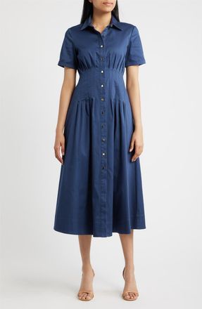 Anne Klein Short Sleeve Stretch Cotton Shirtdress in Blue Carbon at Nordstrom, Size 10