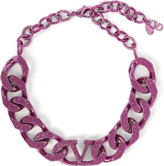 Valentino Garavani VLogo Signature curb-chain necklace - women - Brass/Crystal - One Size - Pink