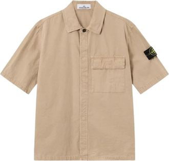 Stone Island Compass Patch Shirt - Heren - Korte mouwen Overhemden - Beige - M - Katoen - Overhemden