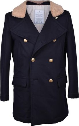 Brunello Cucinelli Navy Cashmere Pea Coat With Fur Collar, Brand Size 48 (US Size 38)