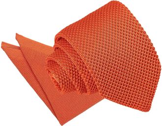 DQT Men Knit Knitted Plain Casual Slim 7cm Neck Tie with Matching Handkerchief Pocket Square Burnt Orange