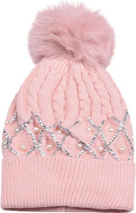 Generic Ladies Winter Beanie Hat Wool Knitted with Small Crystals Large Fur Pom Pom Cap Womens SKI Snowboard Hats Baby Pink