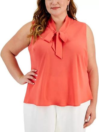 Kasper Top Womens Luxe Salmon Tie-Neck Sleeveless Blouse Career FTS1056