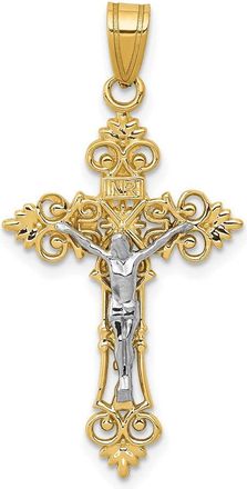 Diamond2Deal 14k Two-tone Gold Medium Lacy-Edge Inri Crucifix Pendant
