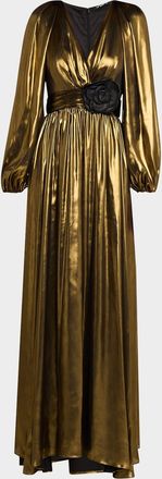 Emanuel Ungaro Blouson-Sleeve Metallic Foile Gown