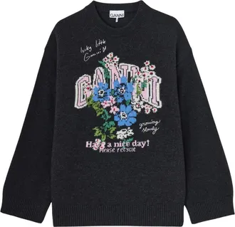 Ganni Maglione Oversize con Fiori - - Knitwear - Donna - Grigio - M