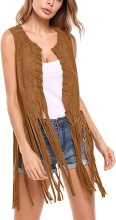Generic Women Tassel Vest 70s Hippie Faux Suede Sleeveless Fringe Waistcoat Y2k Jacket Open Front Western Vintage Cowgirl Cardigan Outwear Gilet for Casual St