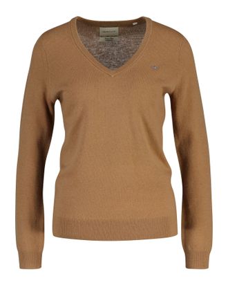 GANT V-Ausschnitt-Pullover GANT EXTRAFINE LAMBSWOOL V-NECK, Damen, Gr. XXL, gr&uuml;n (warm khaki), Strick, Obermaterial: 90% Wolle, 10% Polyamid, V-Ausschnitt,