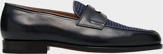 John Lobb Mens Lopez Denim and Leather Penny Loafers