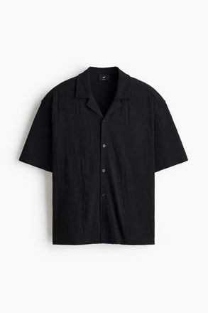 H&M Relaxed Fit Jacquard-jersey Resort Shirt in Black at Nordstrom, Size Xx-Large