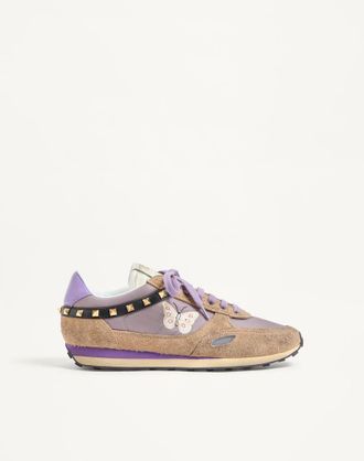 Valentino Garavani Stud Up Trainer In Split Leather And Nylon With Butterfly Embroidery