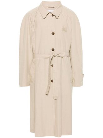 Miu Miu logo-appliqu&eacute; long coat - Neutrals