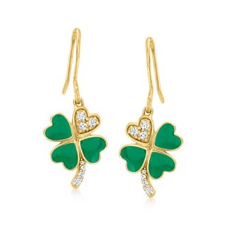 Ross-Simons Green Enamel 4-Leaf Clover Drop Earrings With. Diamonds in 18kt Gold Over Sterling
