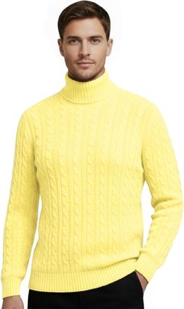 Janisramone Mens High Polo Roll Neck Jumper, Long Sleeve Cable Knitted Pullover Winter Jumpers for Men UK, Casual Turtle Neck Sweaters Yellow