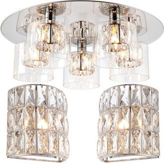 Loops 5 Bulb Ceiling Lamp & 2x Matching Flush Wall Light Round Chrome & Crystal Glass