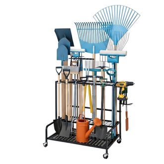 Relaxdays Relaxdays Soporte M&oacute;vil Para Herramientas De Jard&iacute;n Con Ruedas, 12 Ganchos, Para Garaje O Cobertizo, Acero, Negro