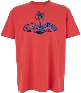 Vivienne Westwood Red Crewneck T-shirt With Maxi Orb On The Front In Cotton Man