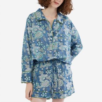 Folkloore Lightweight Floral Short Pajama Set In Grey Petrol Blue / Baby Blue