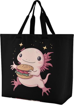 Generic Cute Axolotl Eat Hamburger Reusable Shopping Bags Large Capacity Grocery Bag Heavy Duty Tote for Women 40x40x16cm