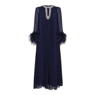 Self Portrait Gowns, female, Blue, Size: XS Chiffon Feather Midi Dress