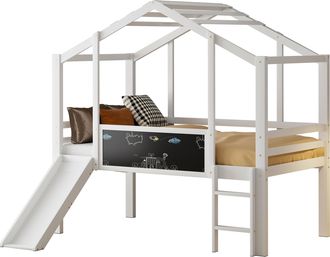 STILVORA Cama Alta 90 X 200 Cm Con Tobog&aacute;n, Escalera, Pizarra Y Barandillas, Sin Colch&oacute;n, De Madera Maciza, Blanco