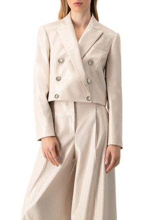 Ivonne Faun-Leather Double-Breasted Short Blazer in Ivory at Nordstrom, Size 14