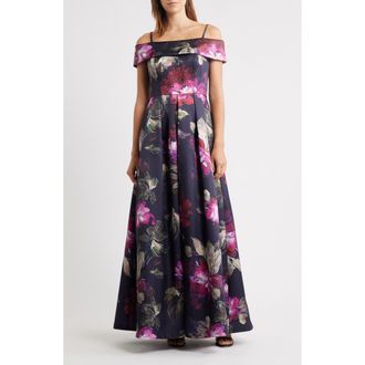 Eliza J Floral Off-the-Shoulder Gown in Navy Multi at Nordstrom Rack, Size 2