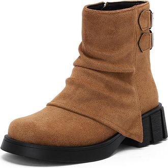 Generic Womens Edgy Slouchy Ankle Boots Suede Double Buckle Straps Chunky Block Heels Non Slip Comfortable Durable Boots for Daily Streetwear Party,Camel,6.5 