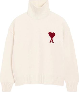 Ami Hart Inlay Witte Coltrui - Heren - Coltruien - Wit - L - Wol - Truien & Vesten
