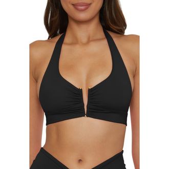 BECCA by Rebecca Virtue Shirred V-Wire Halter Bikini Top in Black at Nordstrom, Size Medium