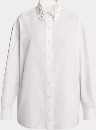 Givenchy Beaded Pearly Collar Button Down Cotton Blouse