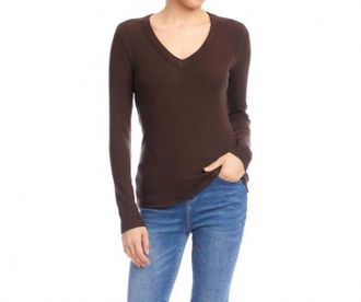 Karen Kane Long Sleeve Ribbed V-Neck Top In Brown