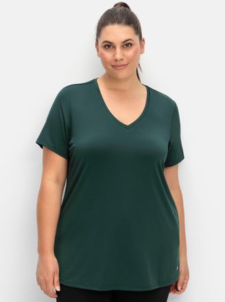 Sheego T-Shirt SHEEGO Funktionsshirt, Damen, Gr. 40/42, gr&uuml;n (tiefgr&uuml;n), 90% Polyester, 10% Elasthan, unifarben, Rundhals, Shirts T-Shirt