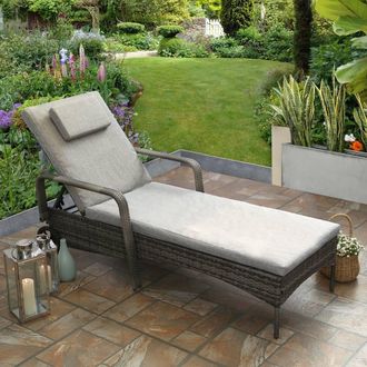 RayGar Ventura Rattan Sun Lounger Reclining Chaise Outdoor Polyrattan in Grey | Size: 1 Seater