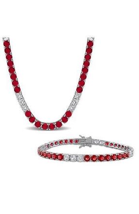 Delmar Lab Created Ruby & Lab Created White Sapphire Tennis Bracelet & Necklace Set in Red at Nordstrom Rack