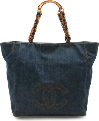 Chanel Blue Brown Denim Plastic Shoulder Bag Tote Bag (Pre-Owned)