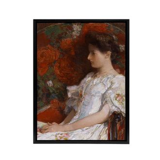 Artery8 Woman Portrait on Victorian Chair Hassam Framed Canvas Wall Art Print in Red | Size: W24 x H32