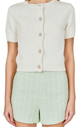 endless rose Scalloped Embellished Button Short Sleeve Cardigan in White at Nordstrom, Size X-Small