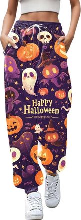 Generic Sweatpants Women Womens Halloween Ghost Print Jogger Pants Track Baggy Joggers High Waist Drawstring Lounge Womens Straight Leg Trousers Purple-l 3XL